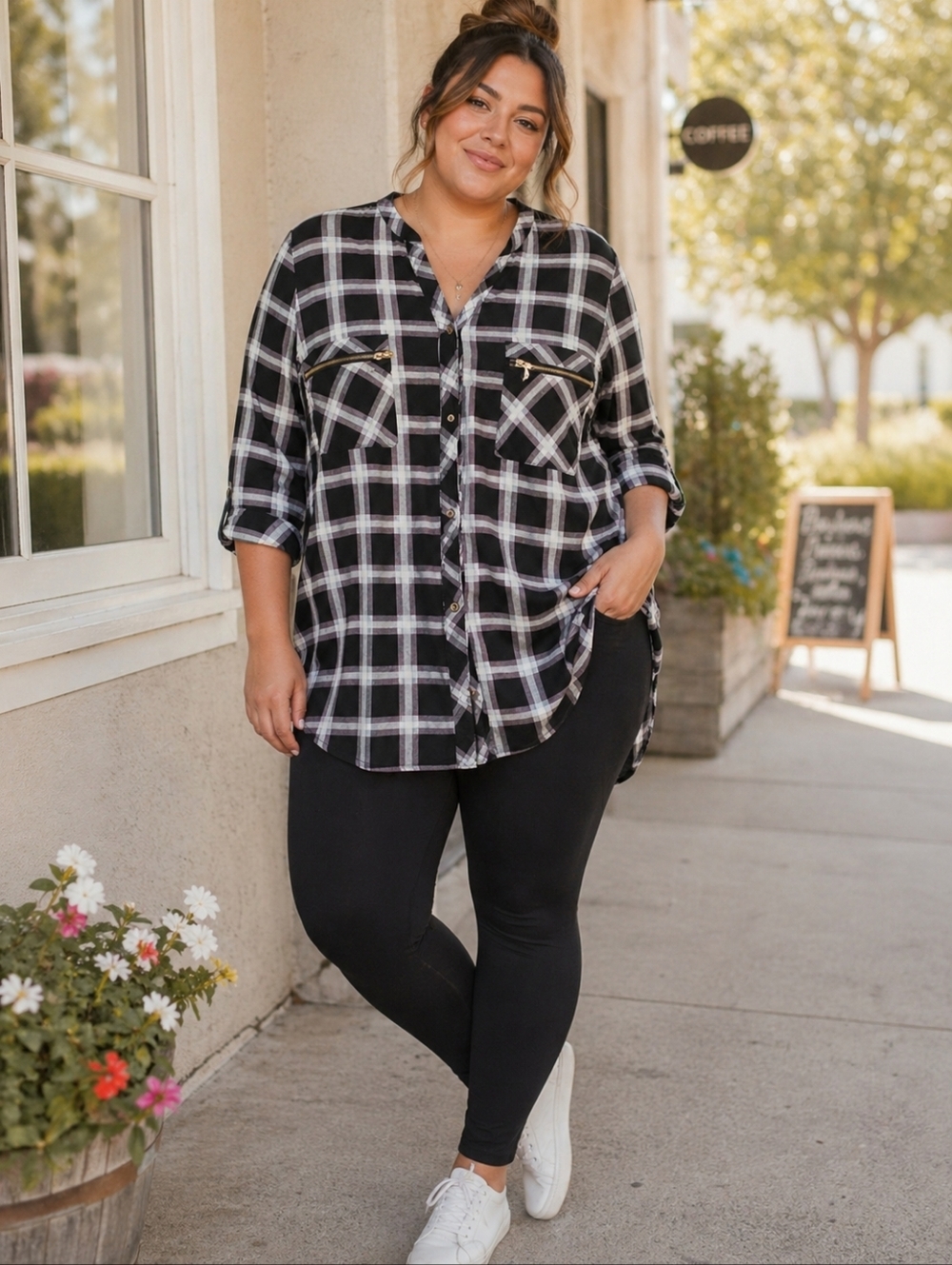 My Style Plaid Stretchy Button Up Top Size 1X Cozy Casual Chic